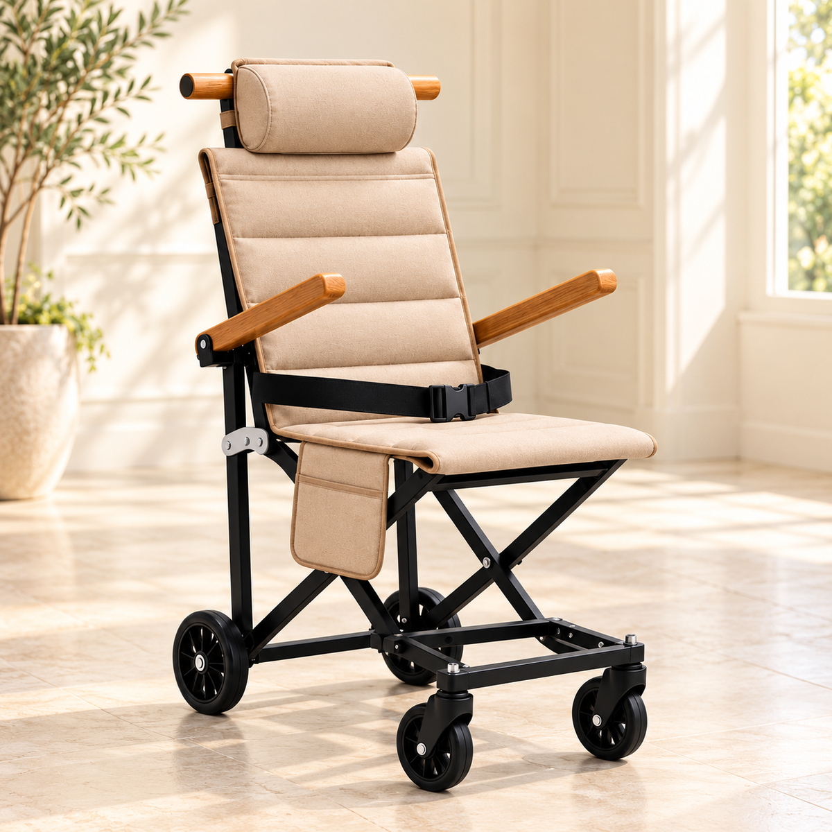 Illustrative beige transport chair with black frame and wooden armrests